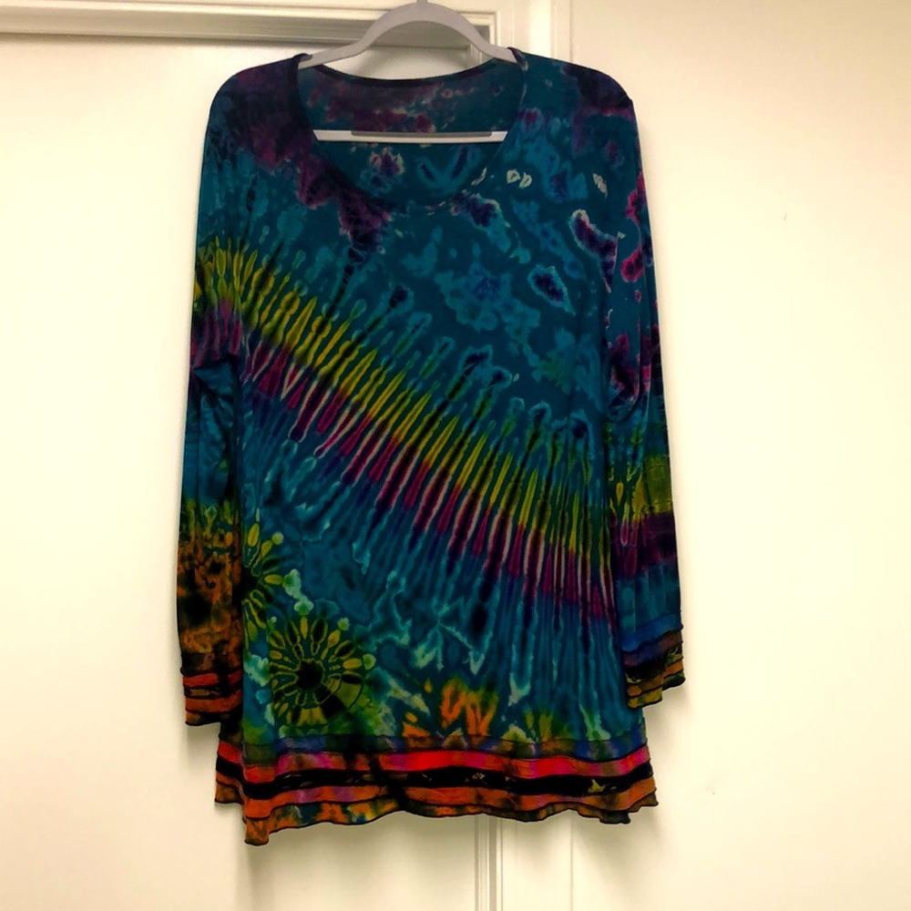 Boho type dye cotton blend retro hippie shirt- super stretchy, XL, handmade
